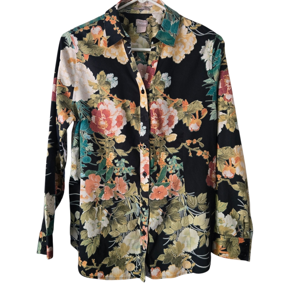 Chico's Black Floral Button-Down Shirt with Peach, Gold & Green Accents